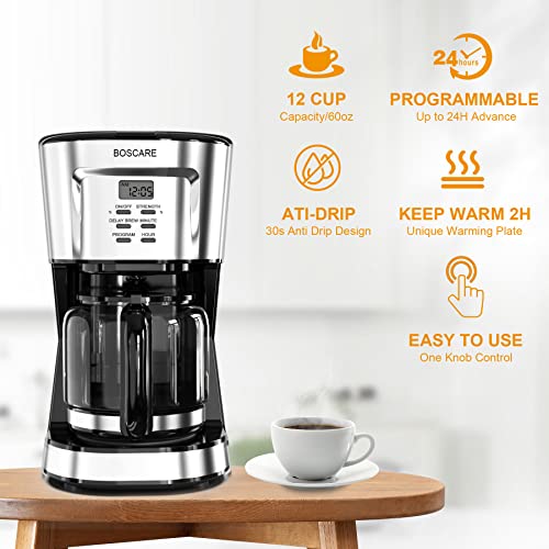 BOSCARE 12-Cup Programmable Coffee Maker: Drip Maker, Mini B