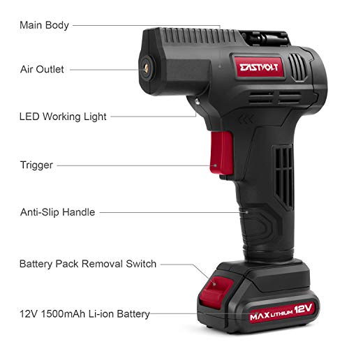 Eastvolt 12V Tire Inflator Air Compressor, Cordless air inflator, Black + Red
