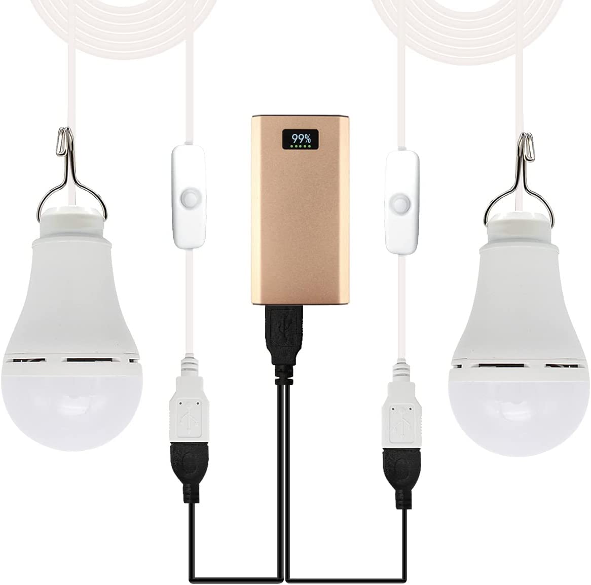 2 Pcs 10w USB Light Bulb with Splitter Y-Cable Camping for White