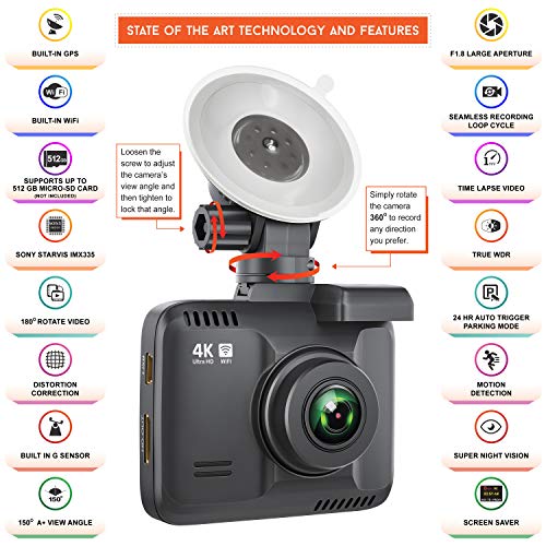 Rove R2-4K Dash Cam Built in WiFi GPS Car Dashboard Camera Recorder Black