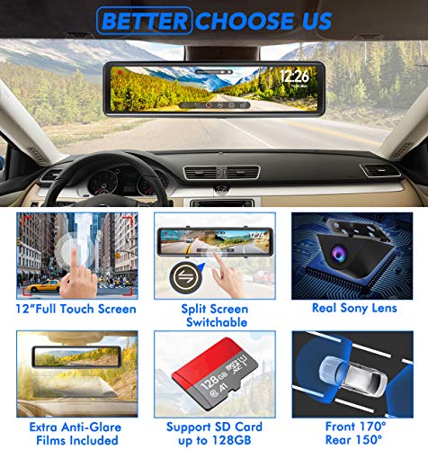 PORMIDO Mirror Dash Cam Backup Camera 12" Full Screen Rear View