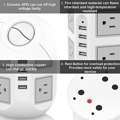 Power Strip Tower TESSAN Surge Protector 8 AC Outlets with 4 USB Ports...