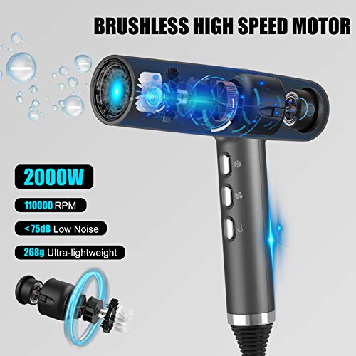 slopehill Hair Dryer with Unique Brushless Motor | 1 Count (Pack of 1), Gray