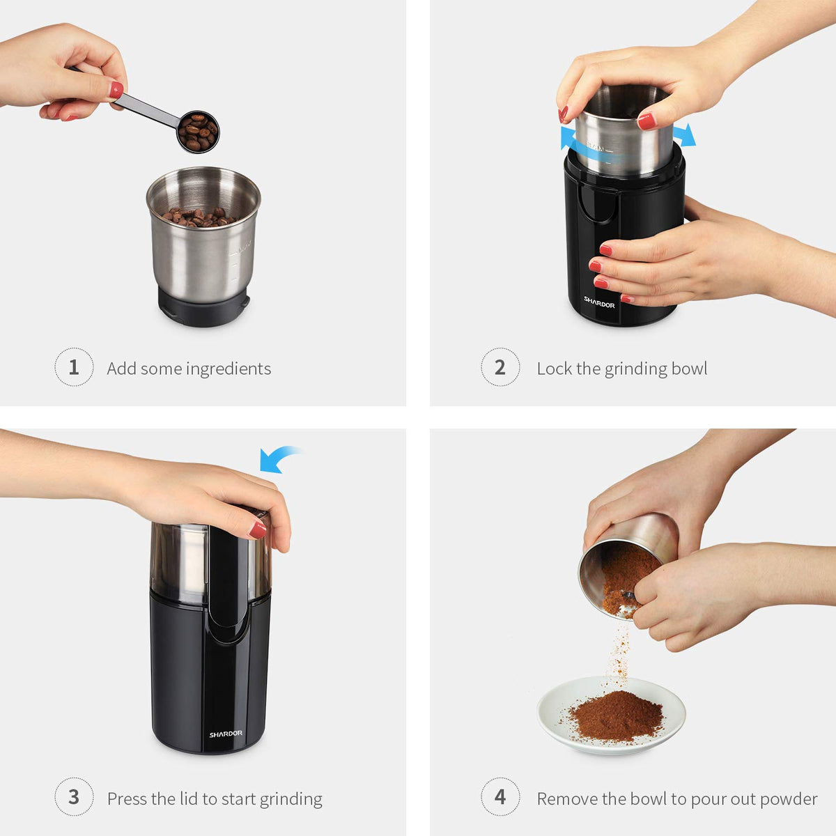 SHARDOR Coffee & Spice Grinders Electric, 2 Removable Stainless CG628B, black