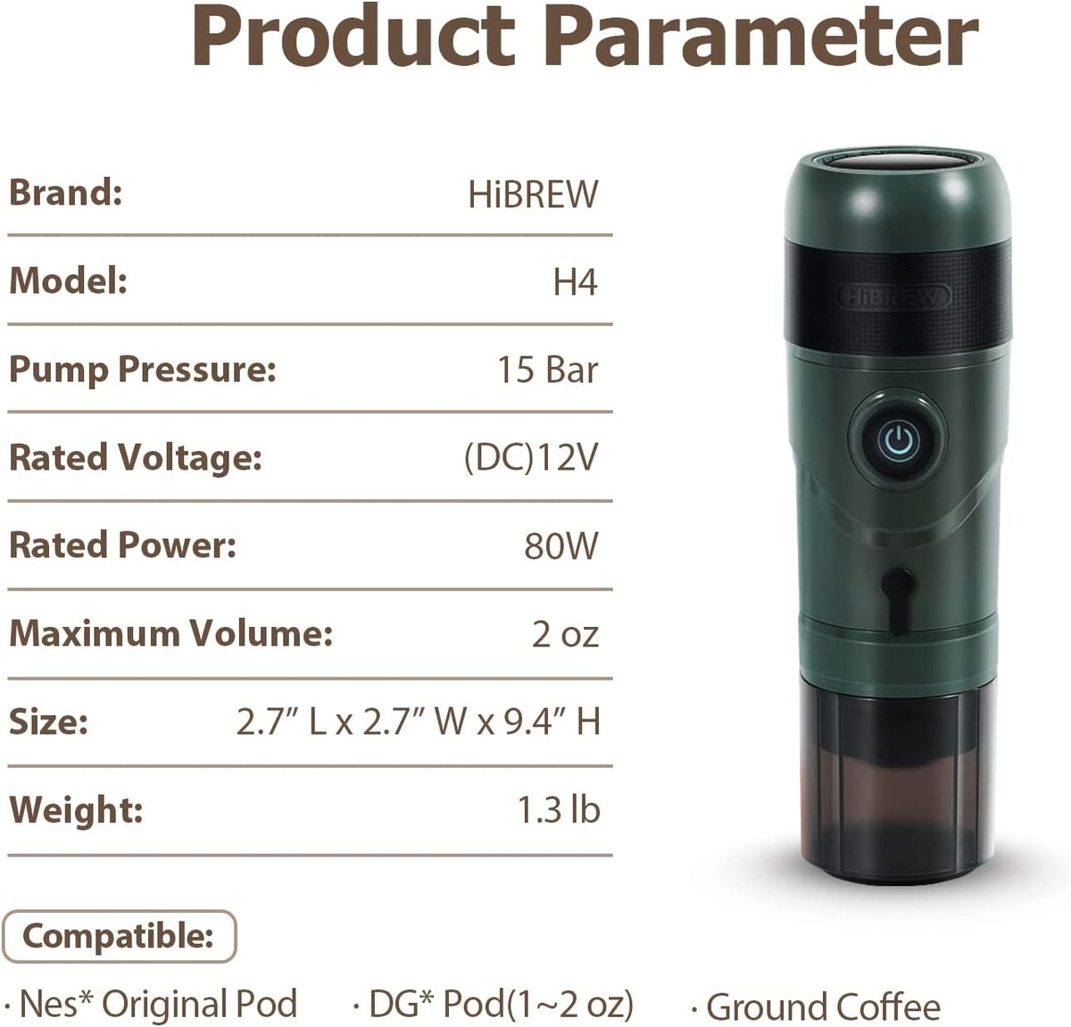 HiBREW 3-in-1 Portable Espresso Maker for Car, Nes* Premium, Green