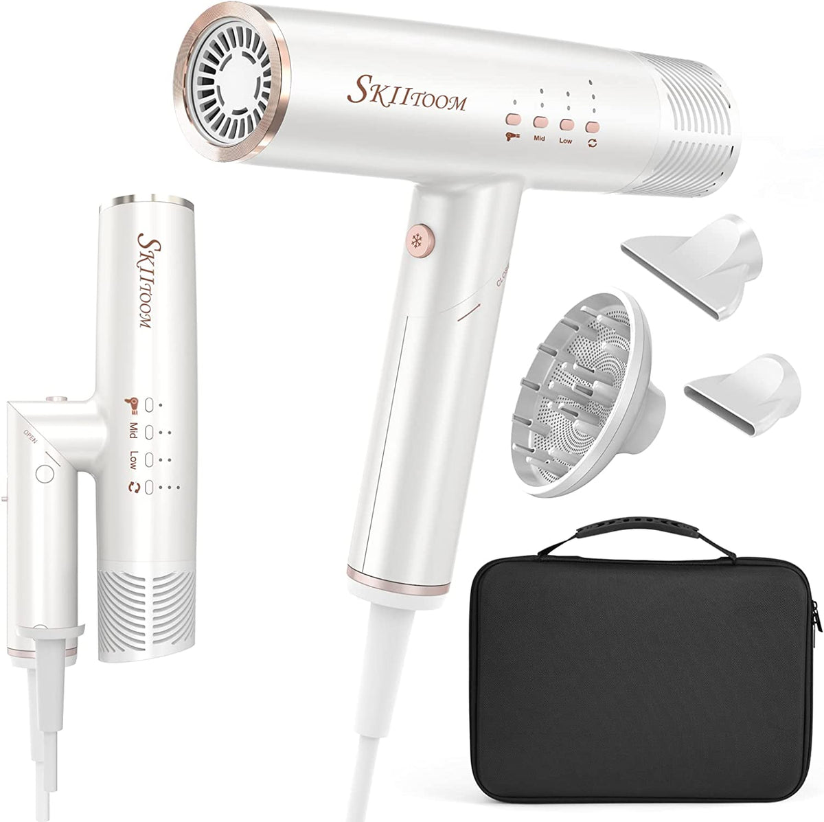 Professional Hair Dryer, 1400W Brushless 2concentrator with Diffuser, White
