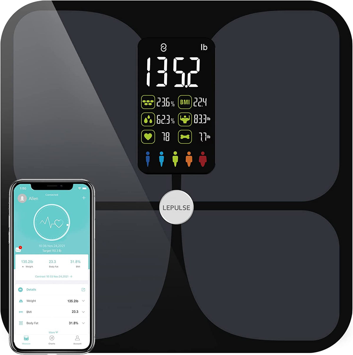 Scales for Body Weight and Fat, Lescale Large Display Scale, Black