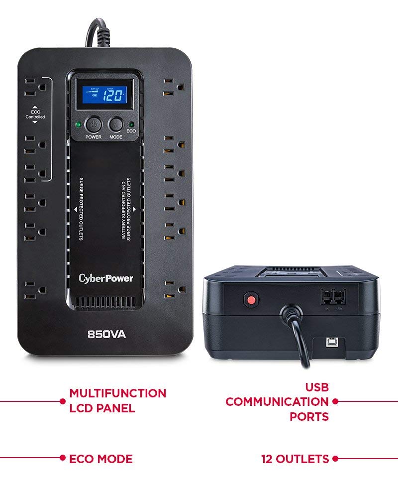CyberPower EC850LCD Ecologic UPS System, 850VA/510W, 12 Outlets, ECO Mode,...