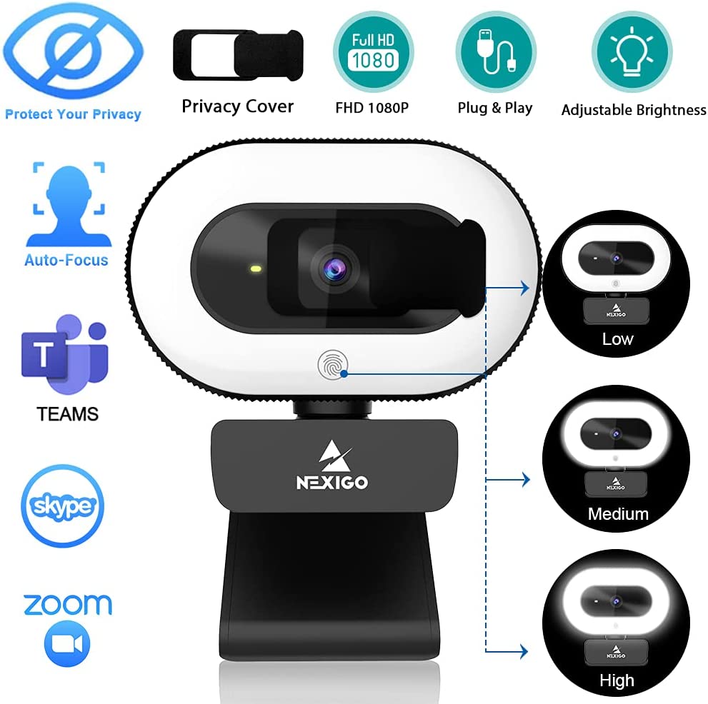 NexiGo StreamCam N930E with Software, 1080P Webcam Ring Light and Black