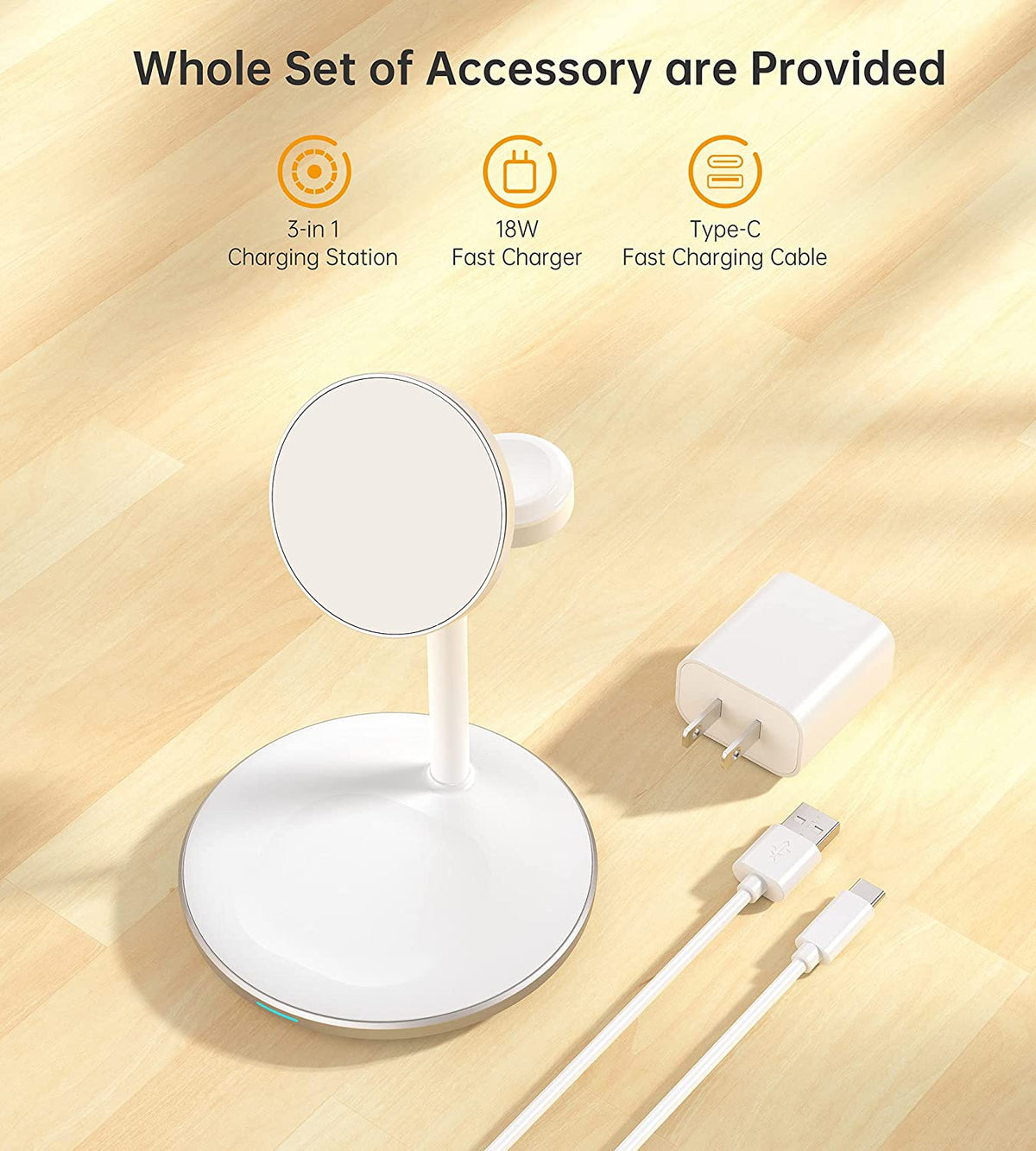 3 in 1 Wireless Charging Station for Multiple Devices, 15W Fast White