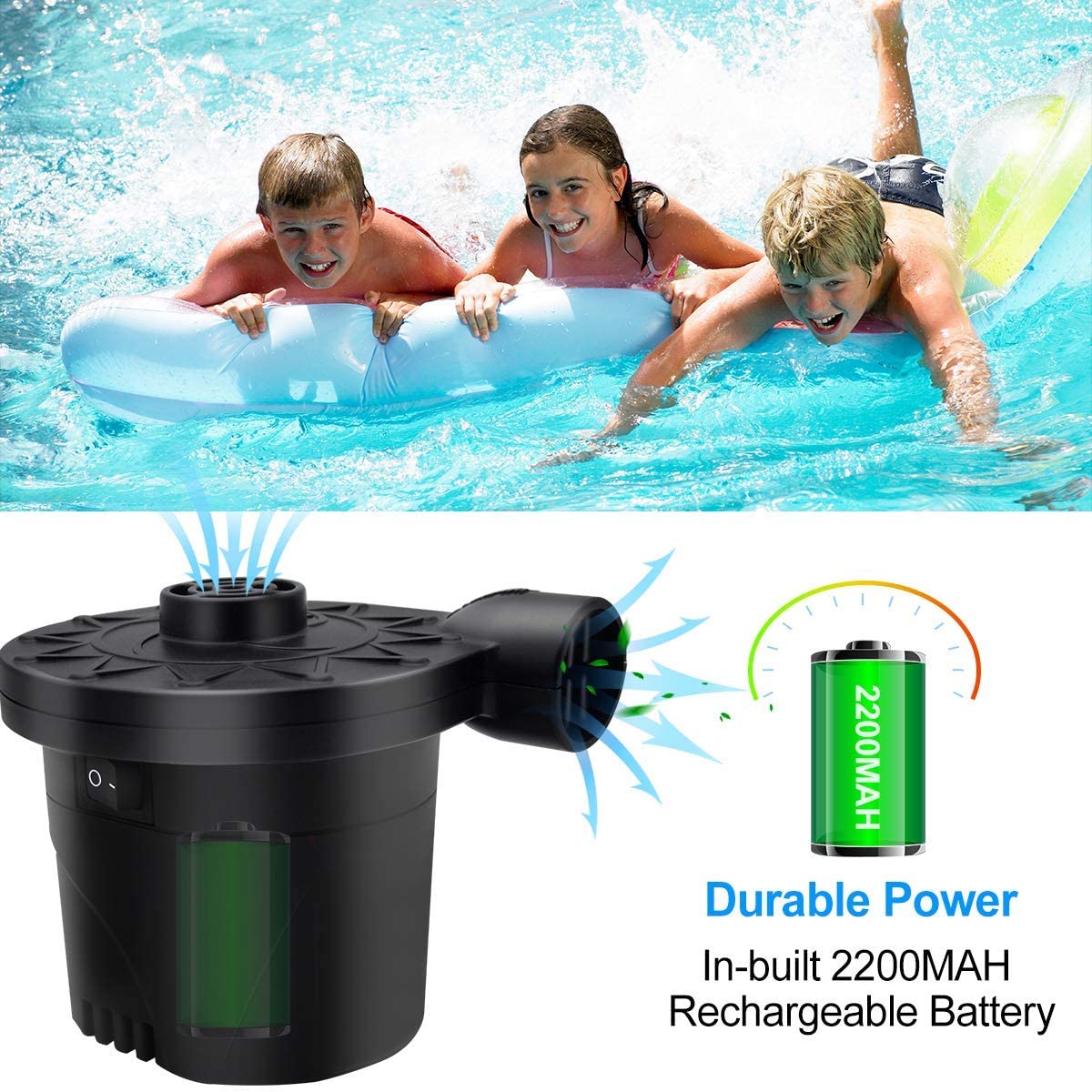 Battery Air Pump for Inflatables, Portable Mattress with 3 Nozzles...
