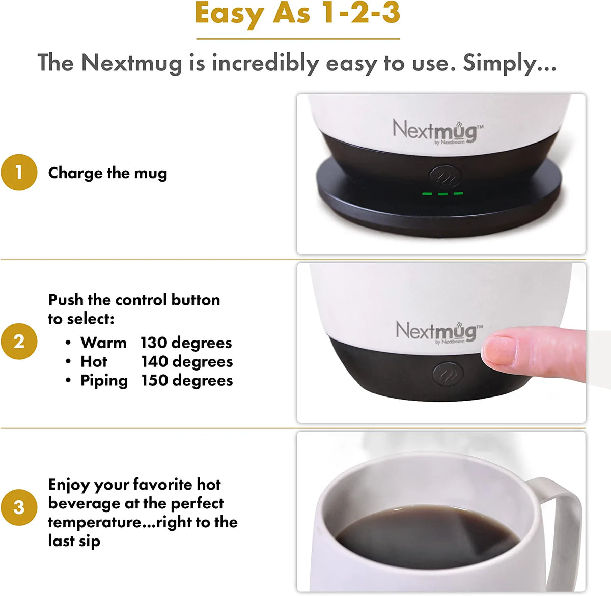 Nextmug - Temperature-Controlled, Self-Heating Coffee Mug (Ivory - 14 Ivory