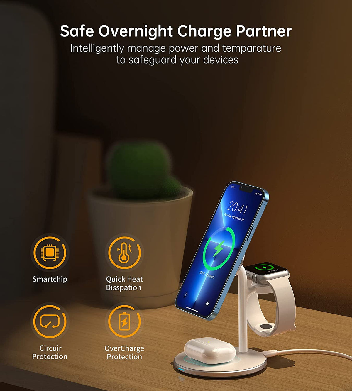 3 in 1 Wireless Charging Station for Multiple Devices, 15W Fast White
