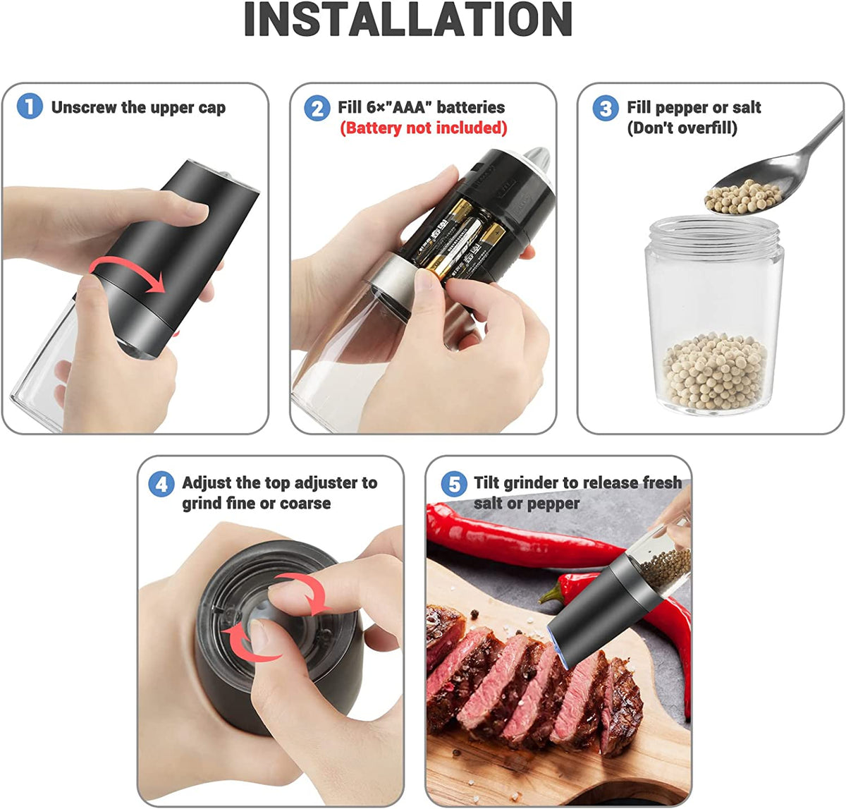 MOVNO Gravity Electric Salt and Pepper Grinder Set of 2 with Blue LED Black