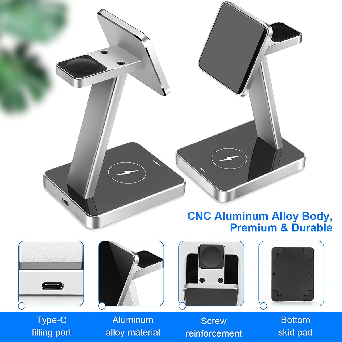Aluminum Alloy 3 in 1 Magnetic Wireless Charger,15W Fast Silver