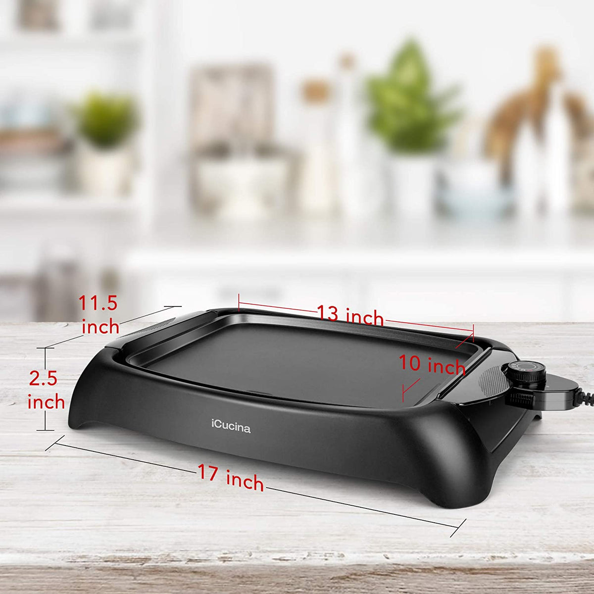 iCucina 1000 Watt Non-Stick Even-Heating Flat Electric Griddle Black