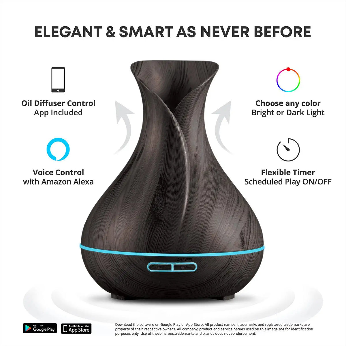 Smart WiFi Wireless Essential Oil Aromatherapy 400ml Ultrasonic Dark Brown