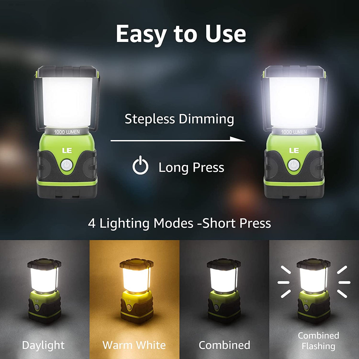 LE LED Camping Lantern, Battery Powered 1000lm Black and Green