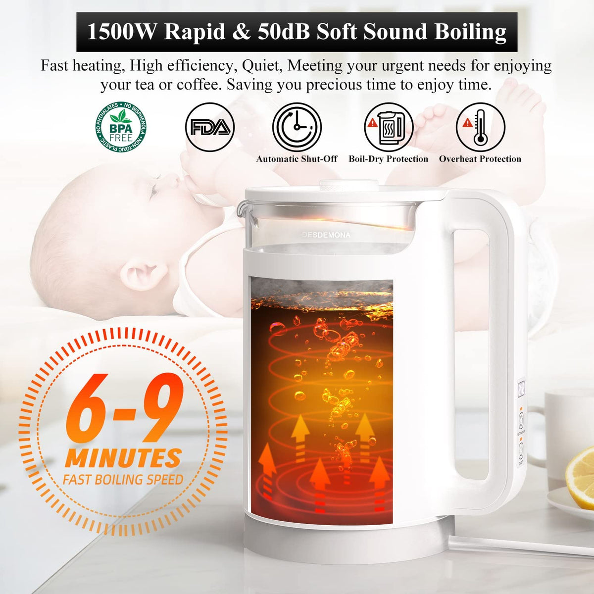 Electric Kettle, Intelligent Temp Control, One Wipe Clean, 5 LED Light White
