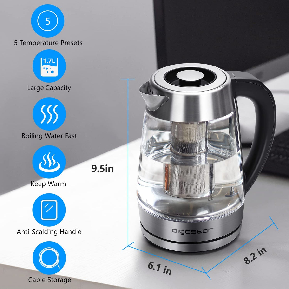 Aigostar Electric Kettle Temperature Control & Tea Infuser 1.7L, Hot Black
