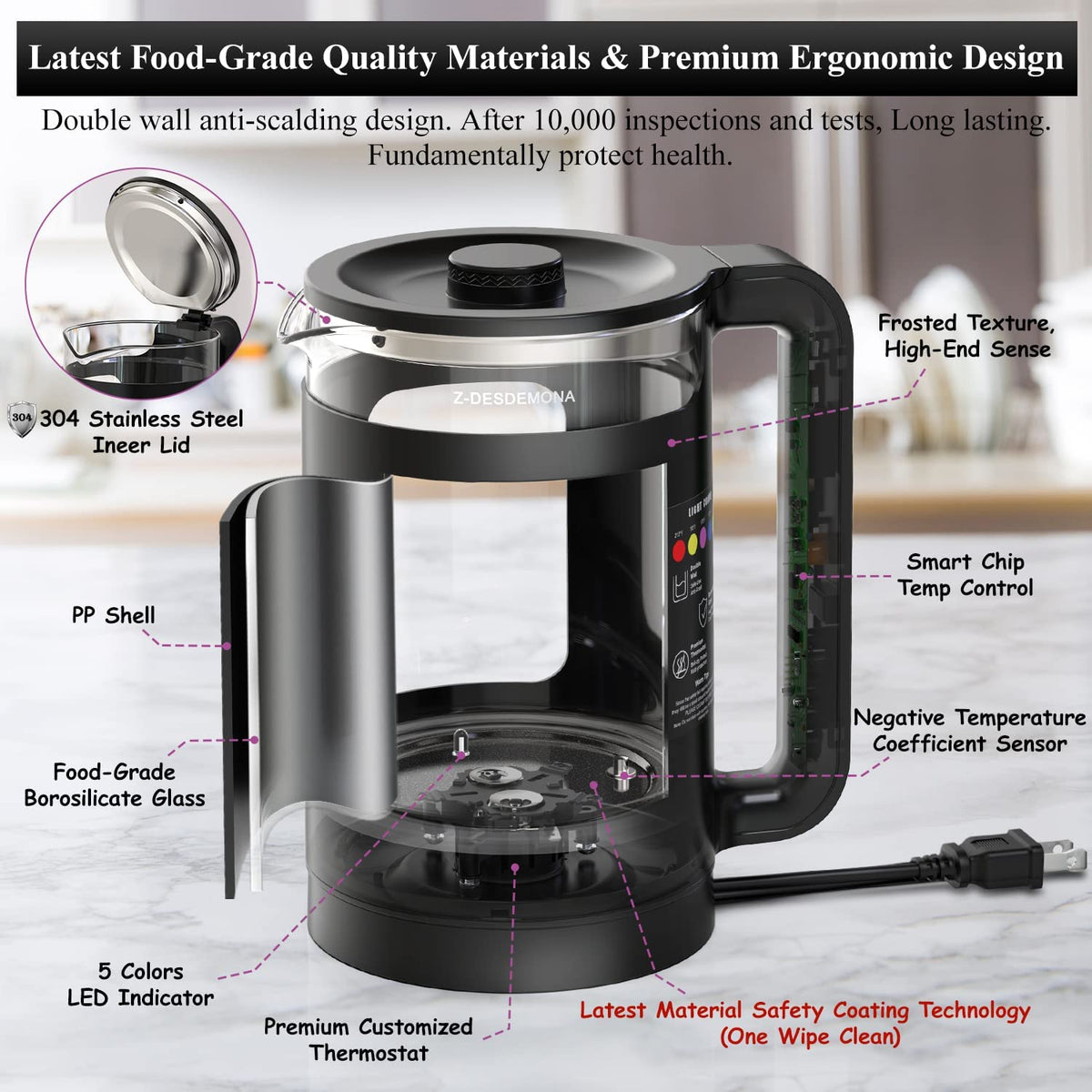 Electric Kettle, Intelligent Temp Control, One Wipe Clean, 5 LED Light Black