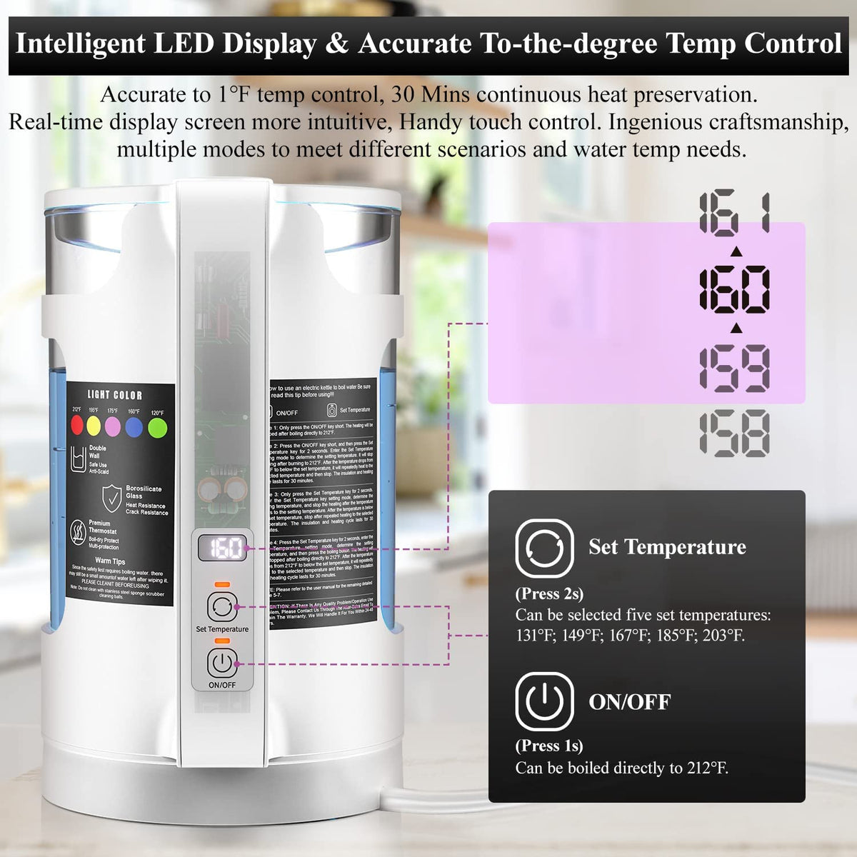 Electric Kettle, Intelligent Temp Control, One Wipe Clean, 5 LED Light White