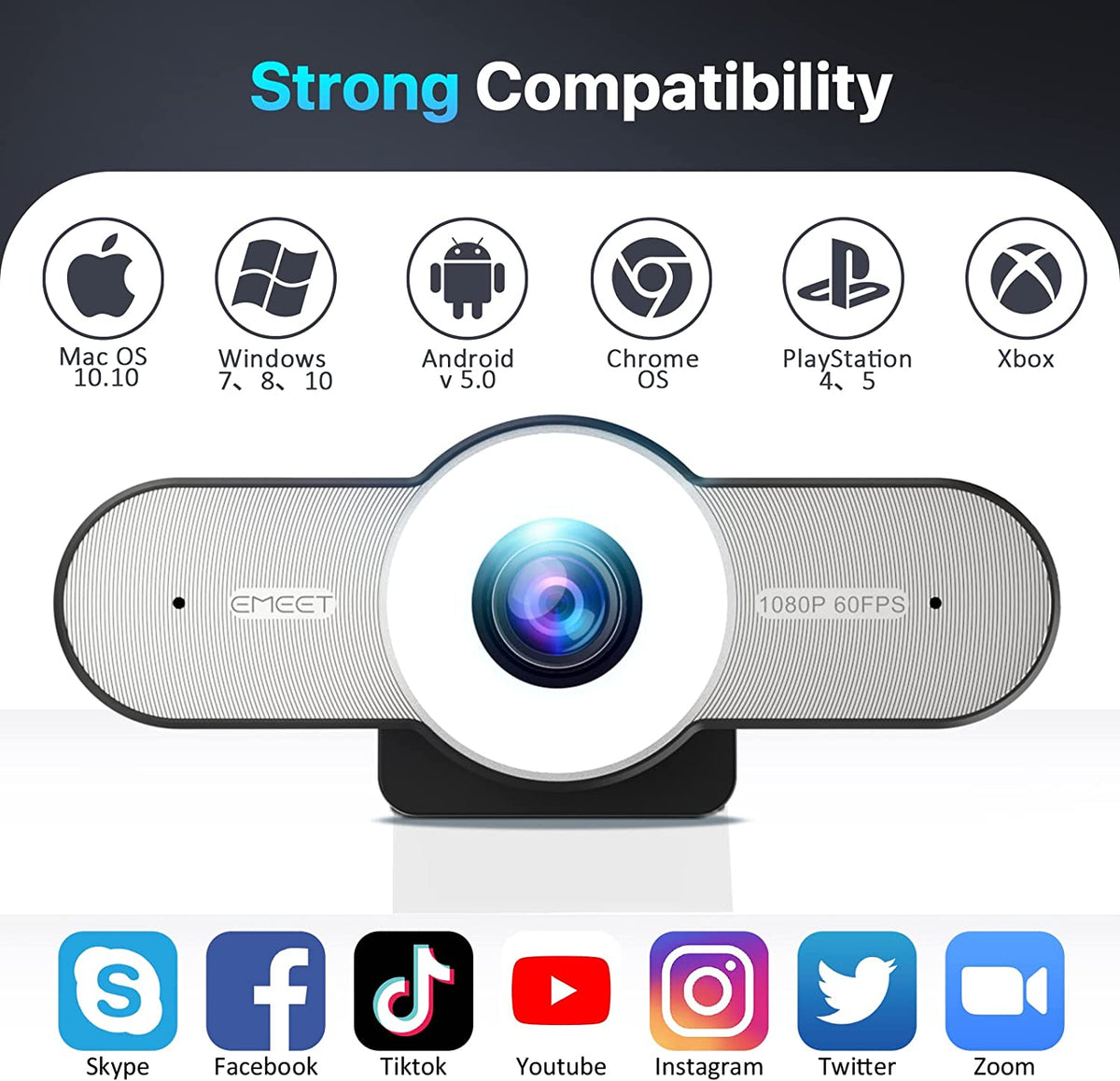 1080P Webcam with Microphone - 60FPS Streaming Camera w/2 Grey