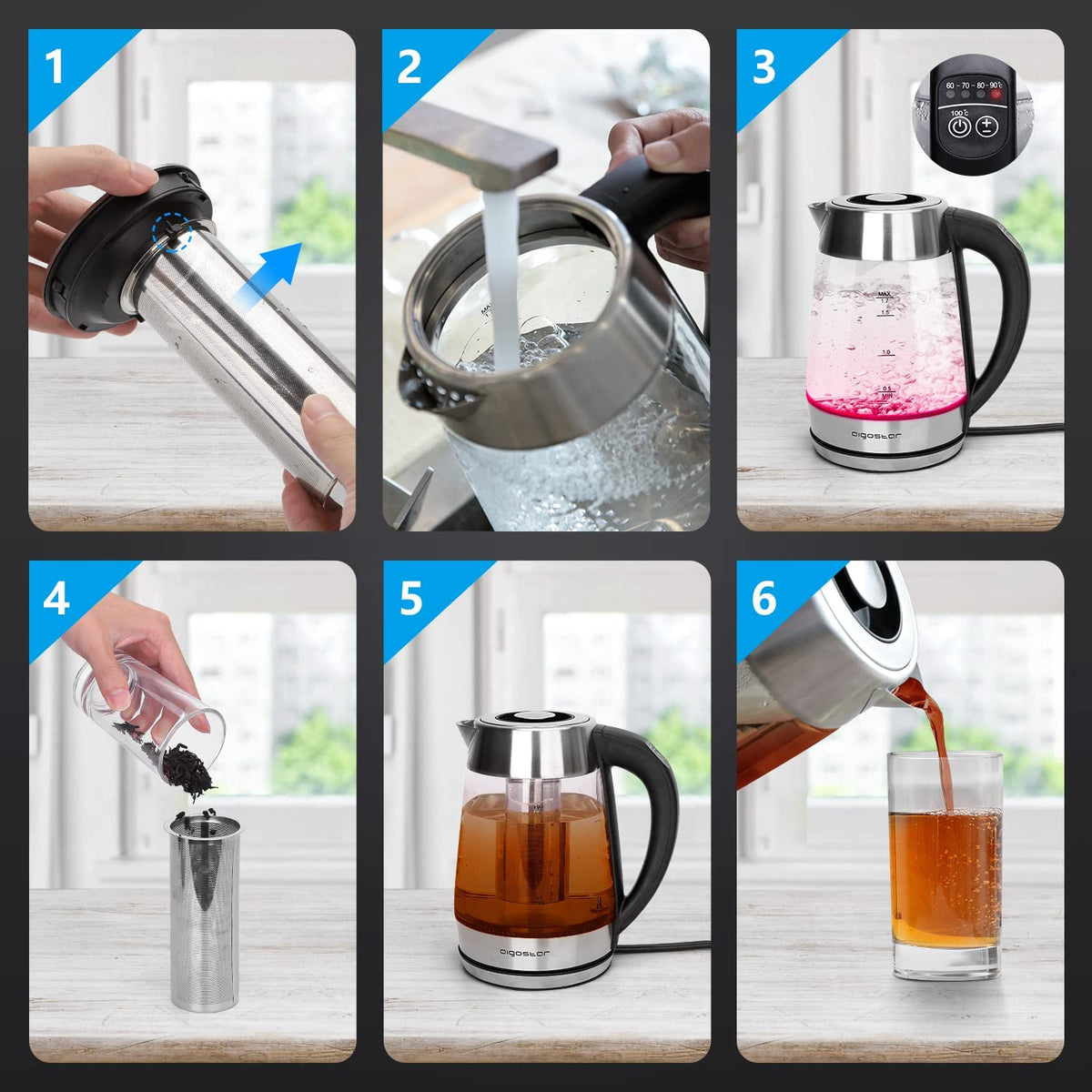 Aigostar Electric Kettle Temperature Control & Tea Infuser 1.7L, Hot Black