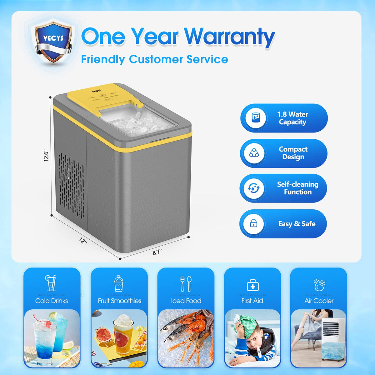 VECYS Countertop Ice Maker Machine, 9 Bullet Cubes Sport series, Yellow