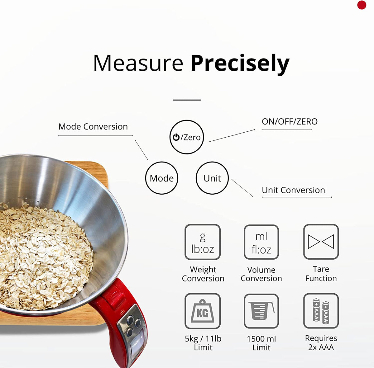 Fradel Digital Kitchen Food Scale with Bowl (Removable) and Measuring Cup Red