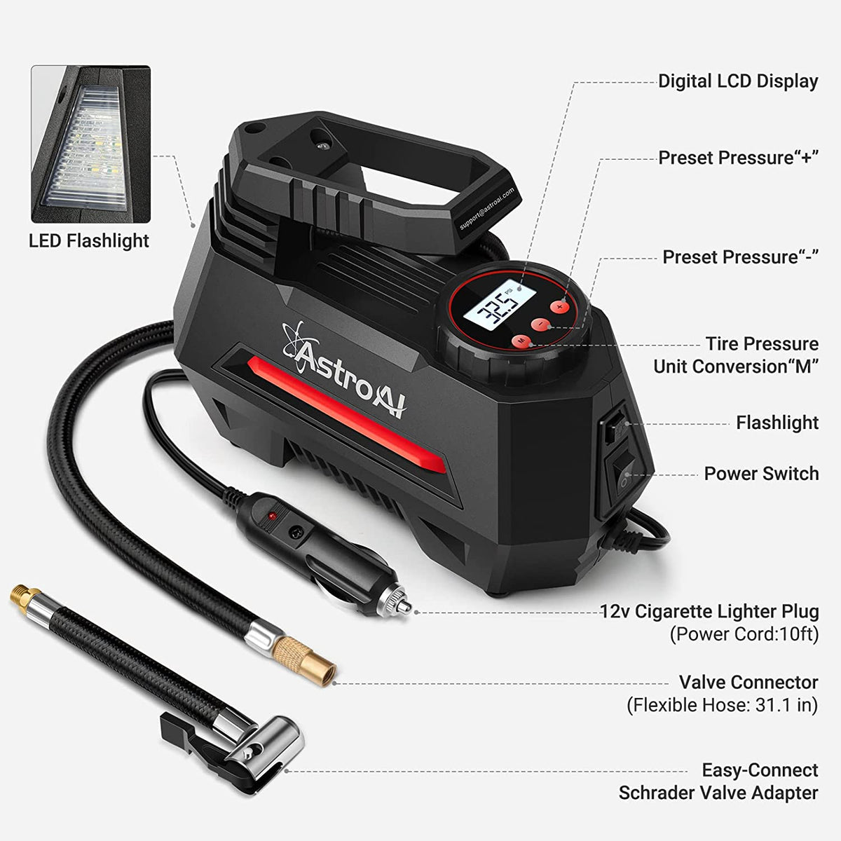 AstroAI Air Compressor Tire Inflator Portable Pump for Car Tires 12V Red