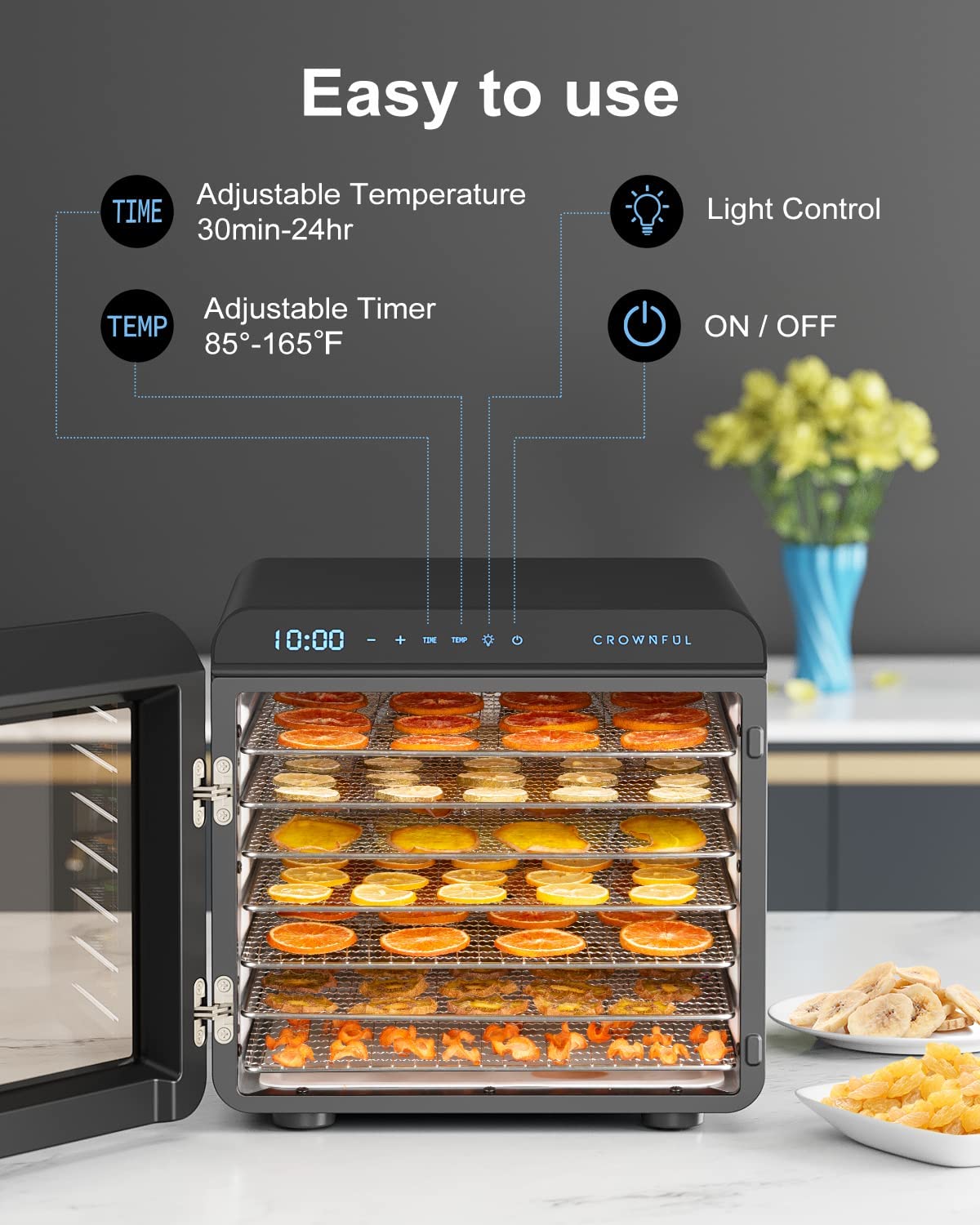 CROWNFUL Food Dehydrator Machine, 7 Stainless Steel Trays, Dryer for Black