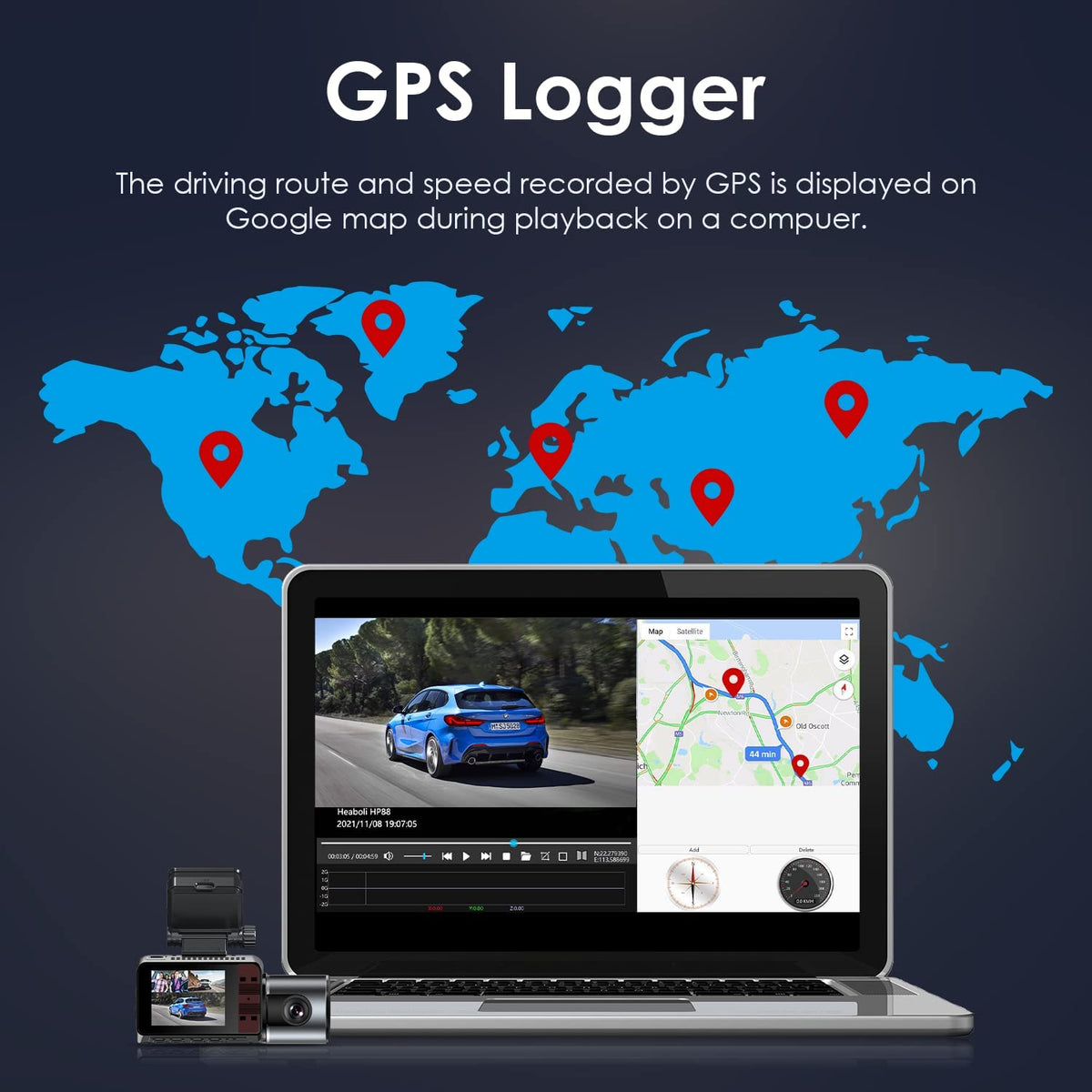 UPGROW 3 Channel 4K Dash Cam with SD Card, Built in GPS, 4K+2K Front and...