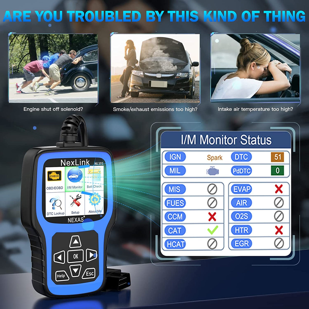 NEXAS Upgraded NL101 OBD2 Scanner Battery Test 2-in-1 Check Engine Car Fault...