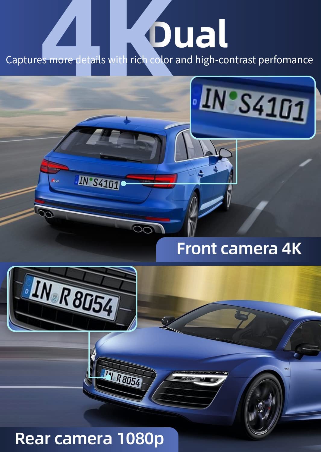 REDTIGER Dash Cam Front Rear Camera 4K/2.5K Full HD Car Dashboard Black