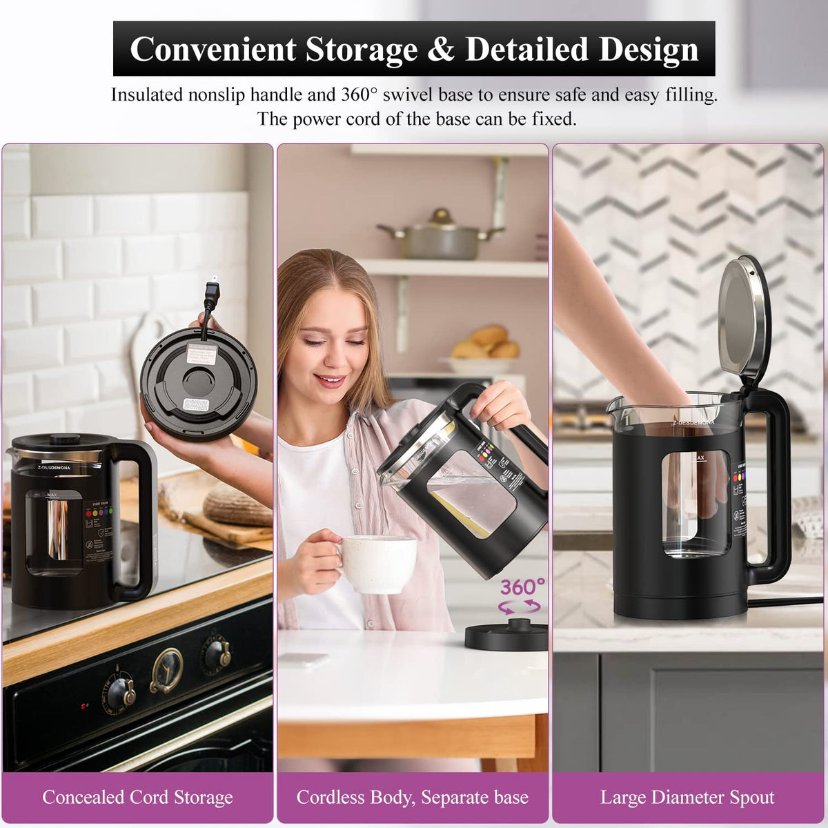 Electric Kettle, Intelligent Temp Control, One Wipe Clean, 5 LED Light Black