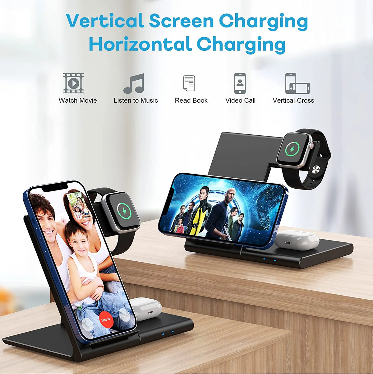 WATOE Wireless Charger 3 in 1 Charging Station for iPhone 14/13/12 Black
