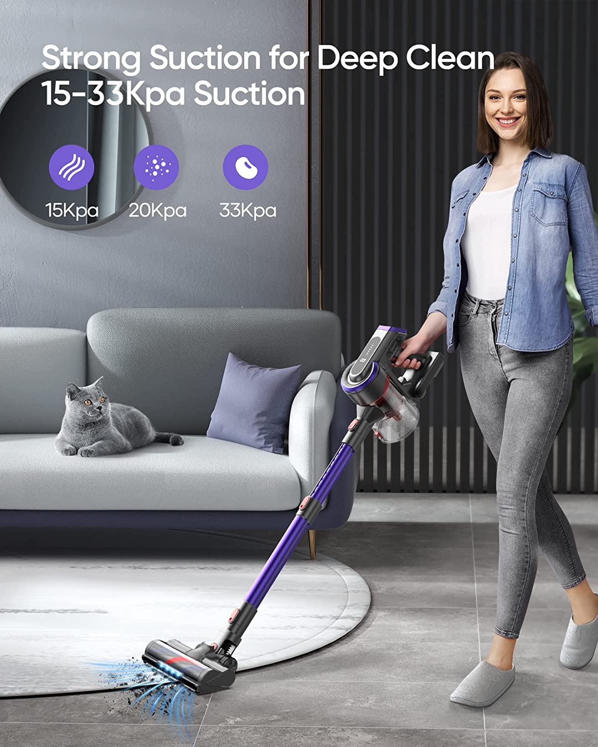 BuTure Cordless Vacuum Cleaner, 400W 33Kpa Powerful Stick with 55min...