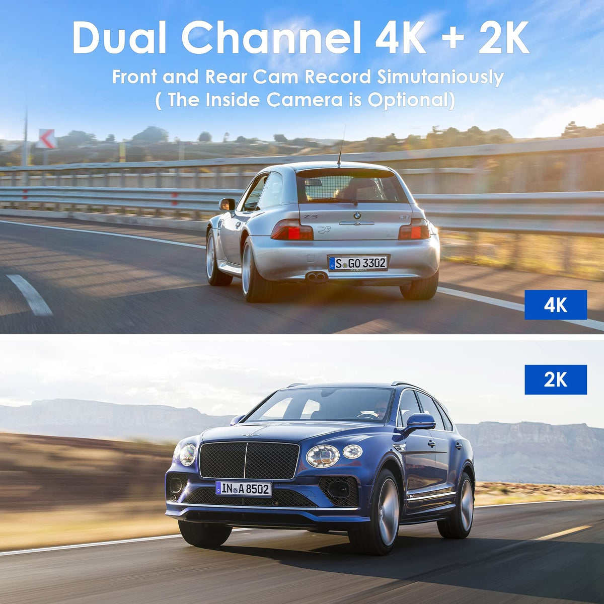 UPGROW 3 Channel 4K Dash Cam with SD Card, Built in GPS, 4K+2K Front and...
