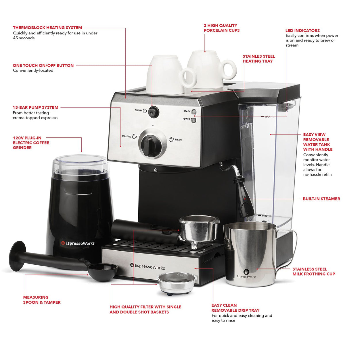 EspressoWorks 7 Pc All-In-One 9.75L x 11.5H x 9.0W, Black, Stainless Steel