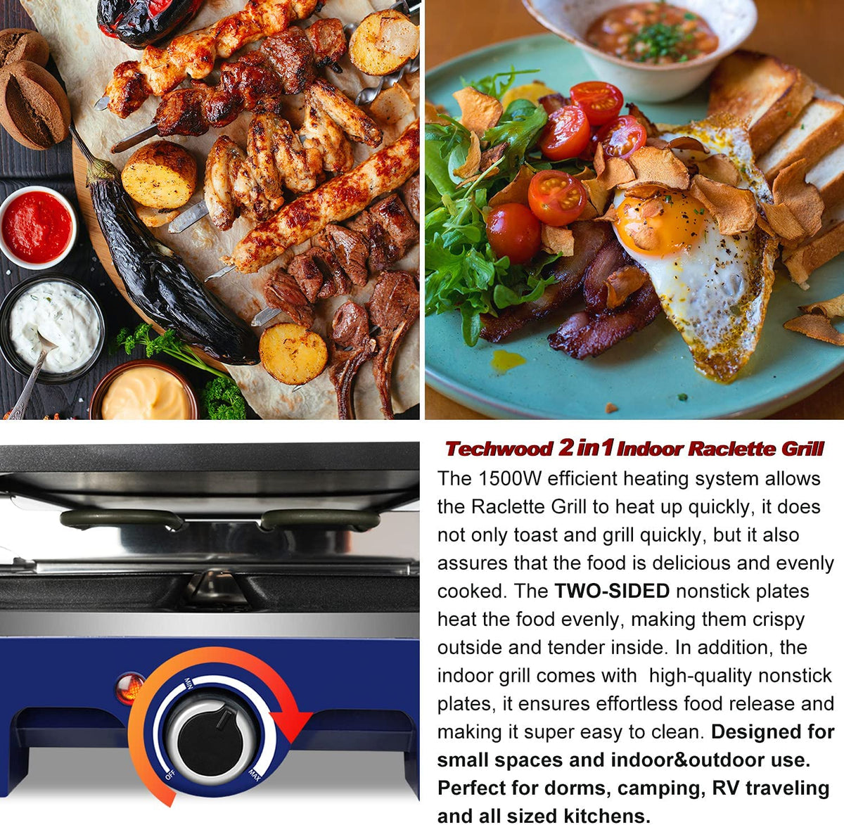 Techwood 1500W Raclette Electric Indoor Grill, 8-Serving 20*7.1*11, Blue