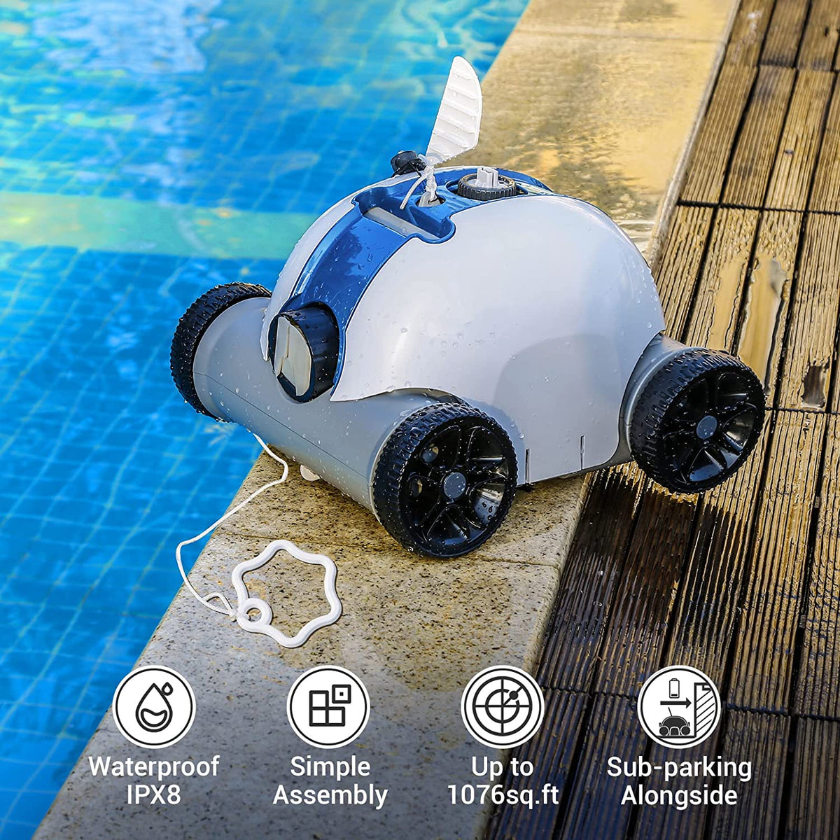 Cordless Robotic Pool Cleaner, Automatic 17.7*11.8*11.8, Blue and white