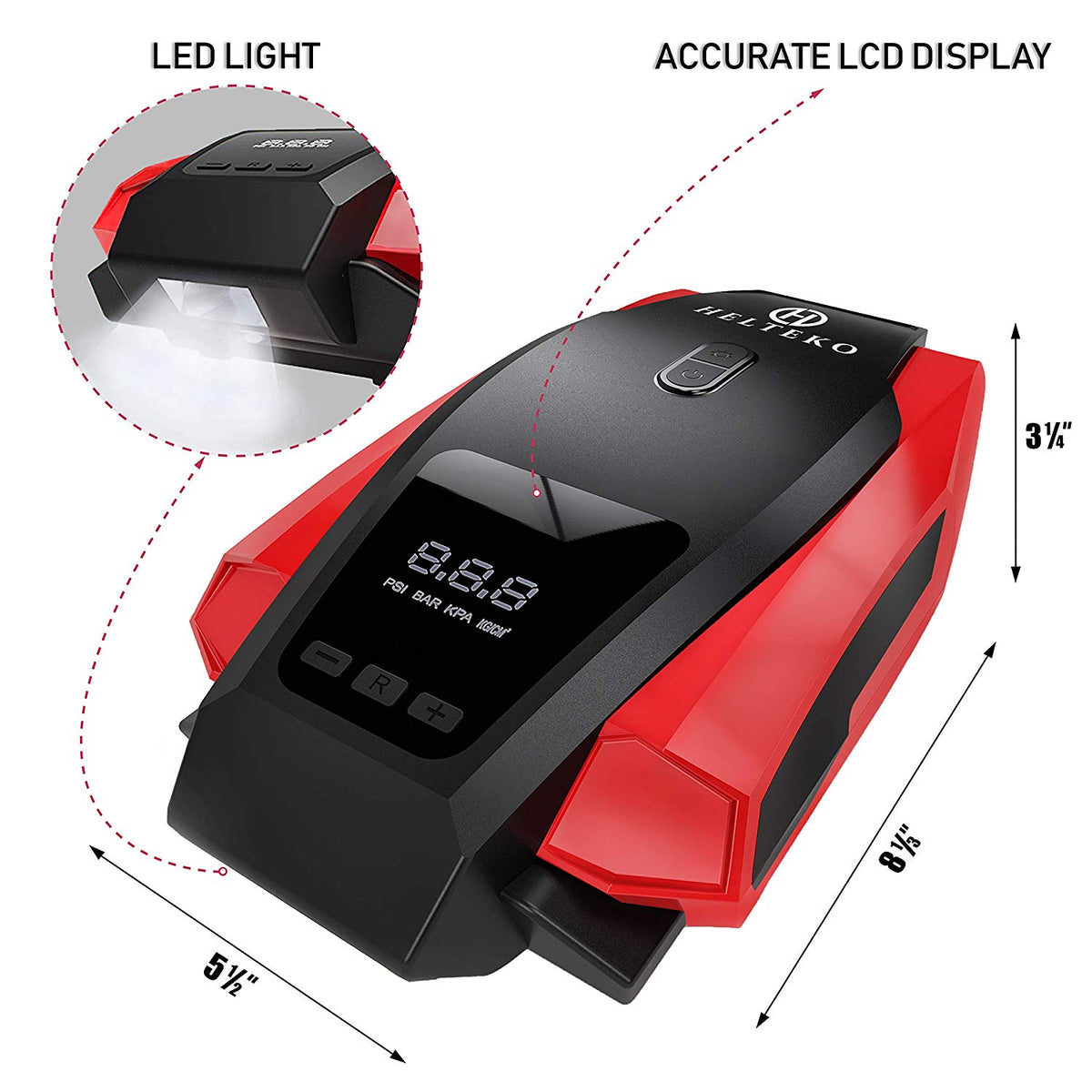 Helteko Portable Air Compressor Pump 150PSI 12V - Digital Tire Inflator - Red