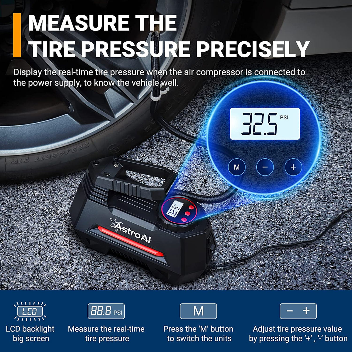 AstroAI Air Compressor Tire Inflator Portable Pump for Car Tires 12V Red