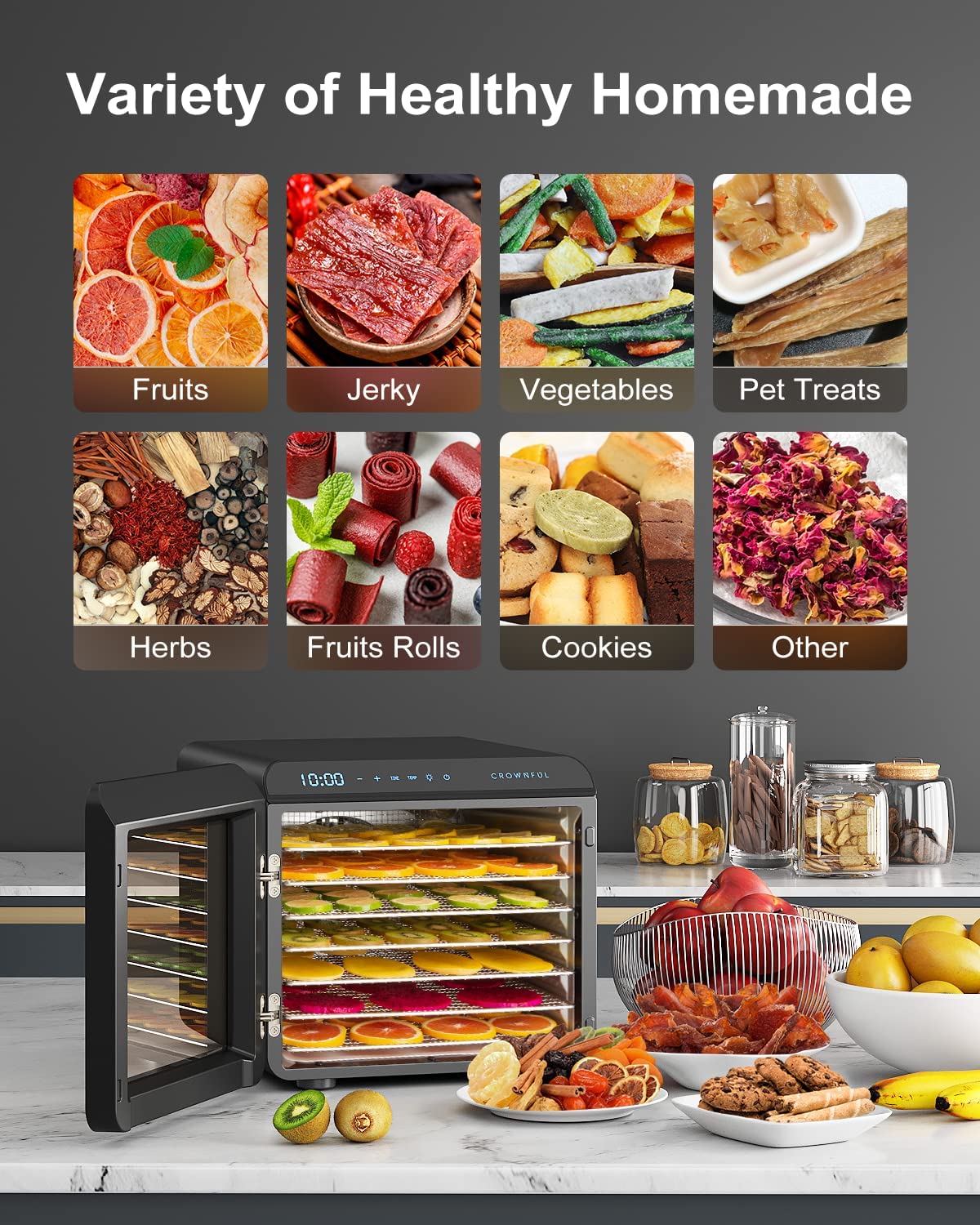 CROWNFUL Food Dehydrator Machine, 7 Stainless Steel Trays, Dryer for Black