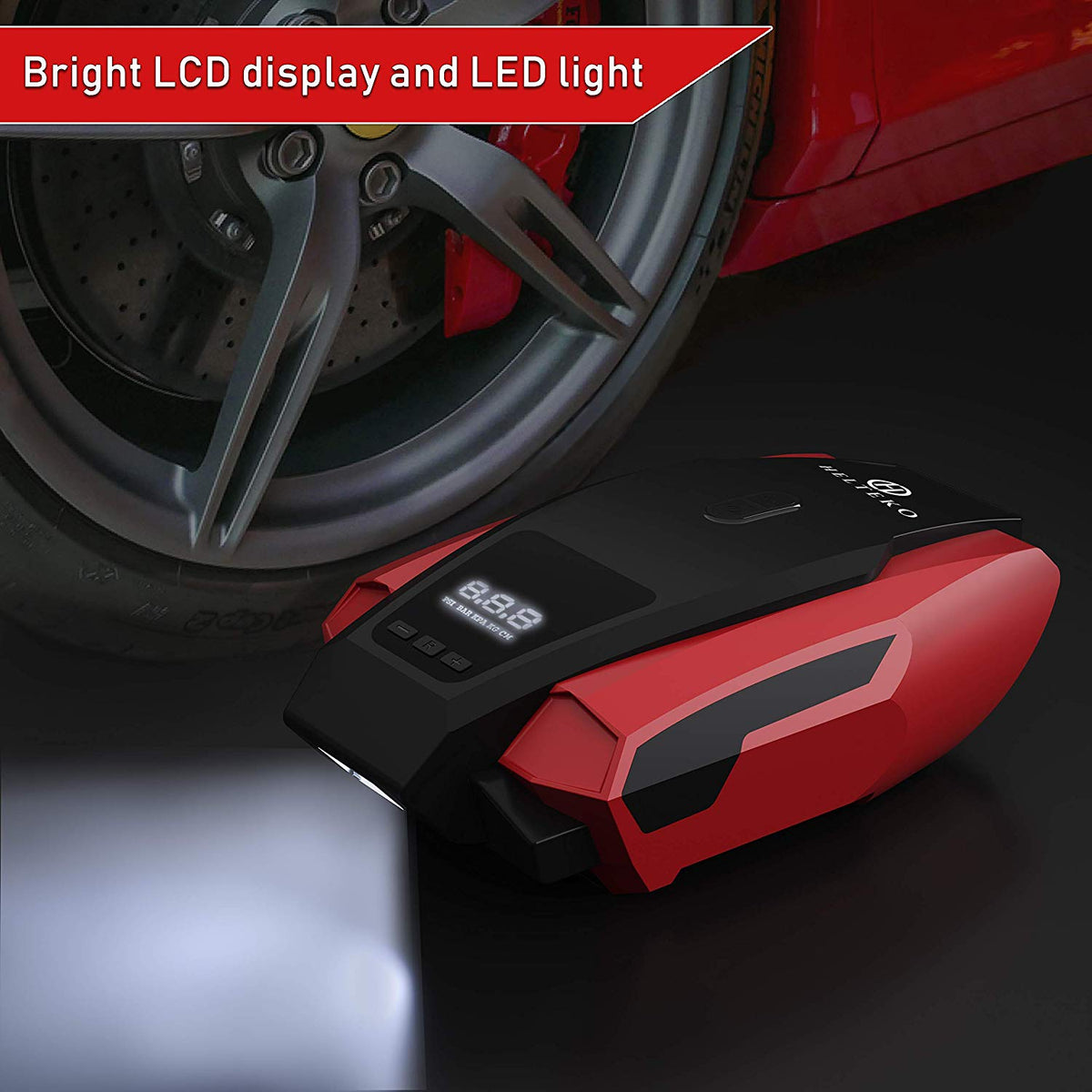 Helteko Portable Air Compressor Pump 150PSI 12V - Digital Tire Inflator - Red