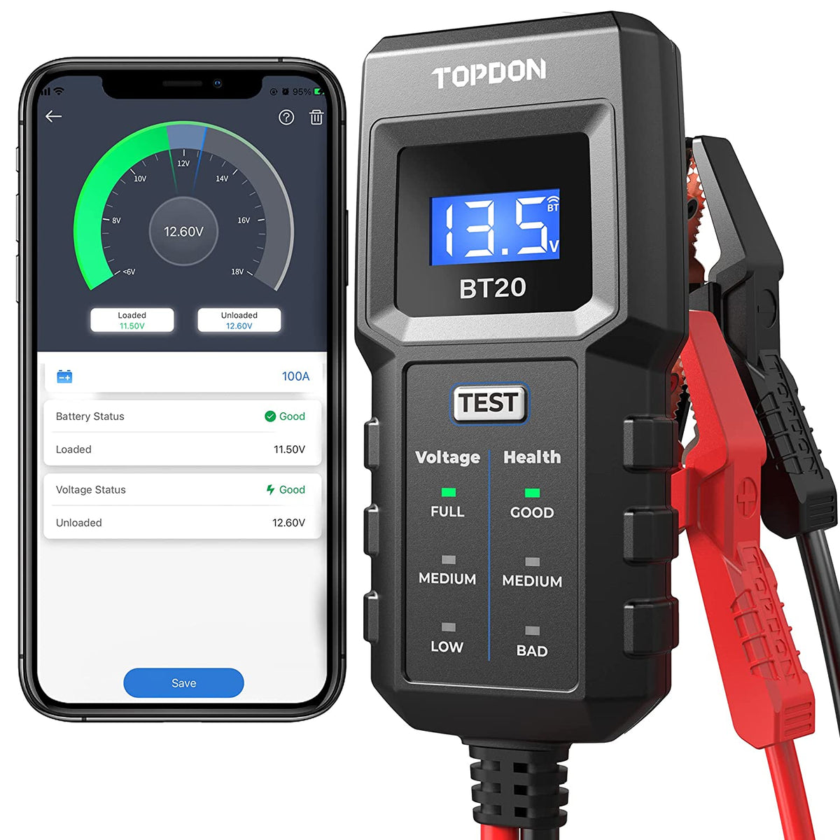 12V Car Battery Tester, TOPDON BT20 Load Voltage Red, Black