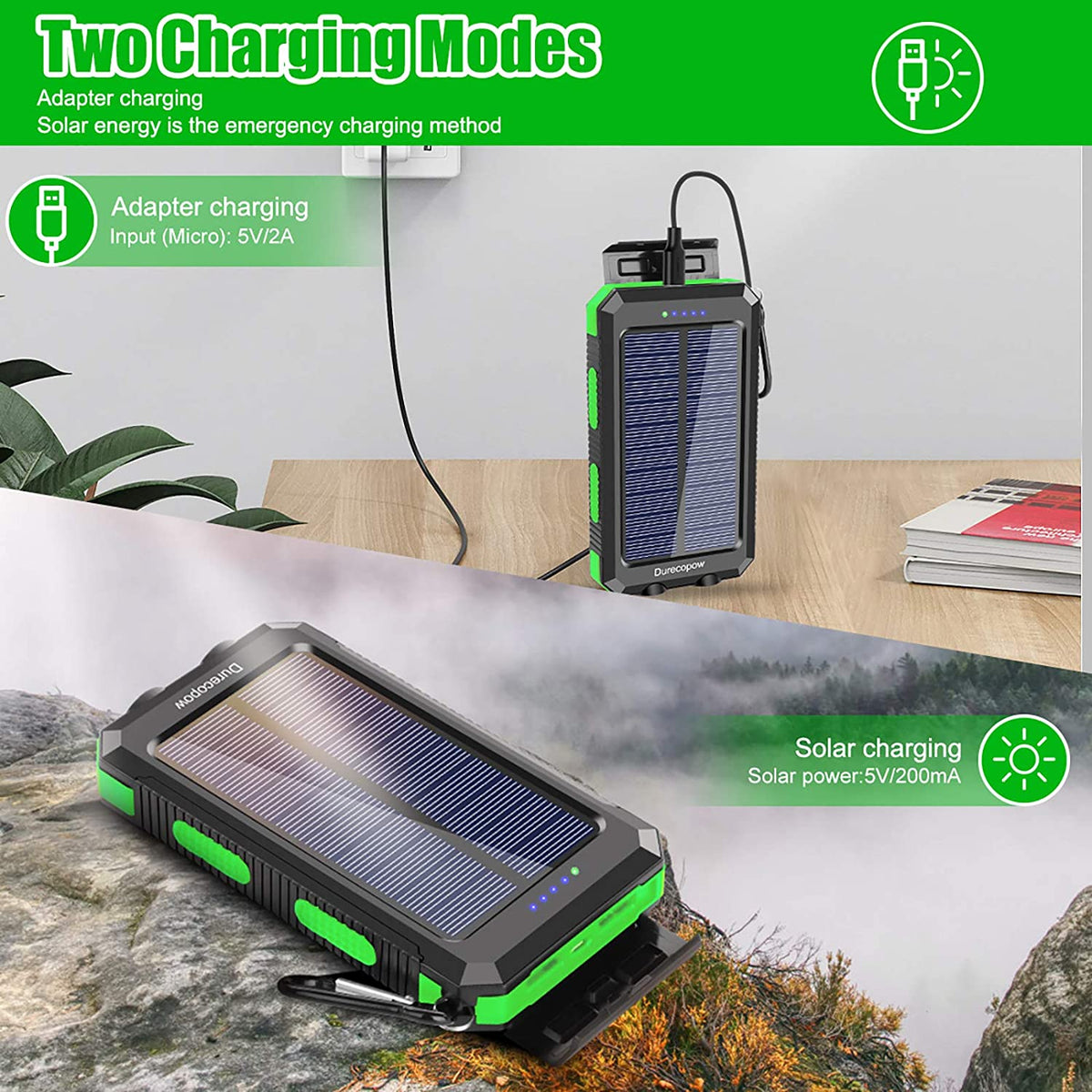 Durecopow Solar Charger, 20000mAh Portable Outdoor Waterproof 20000mAh-Green