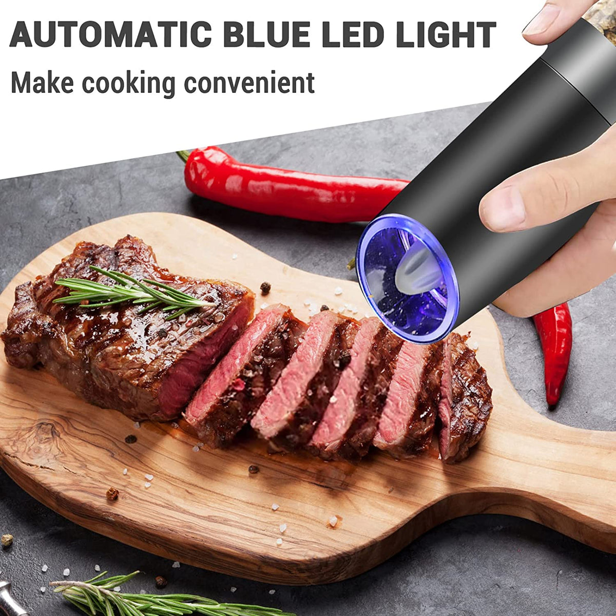 MOVNO Gravity Electric Salt and Pepper Grinder Set of 2 with Blue LED Black