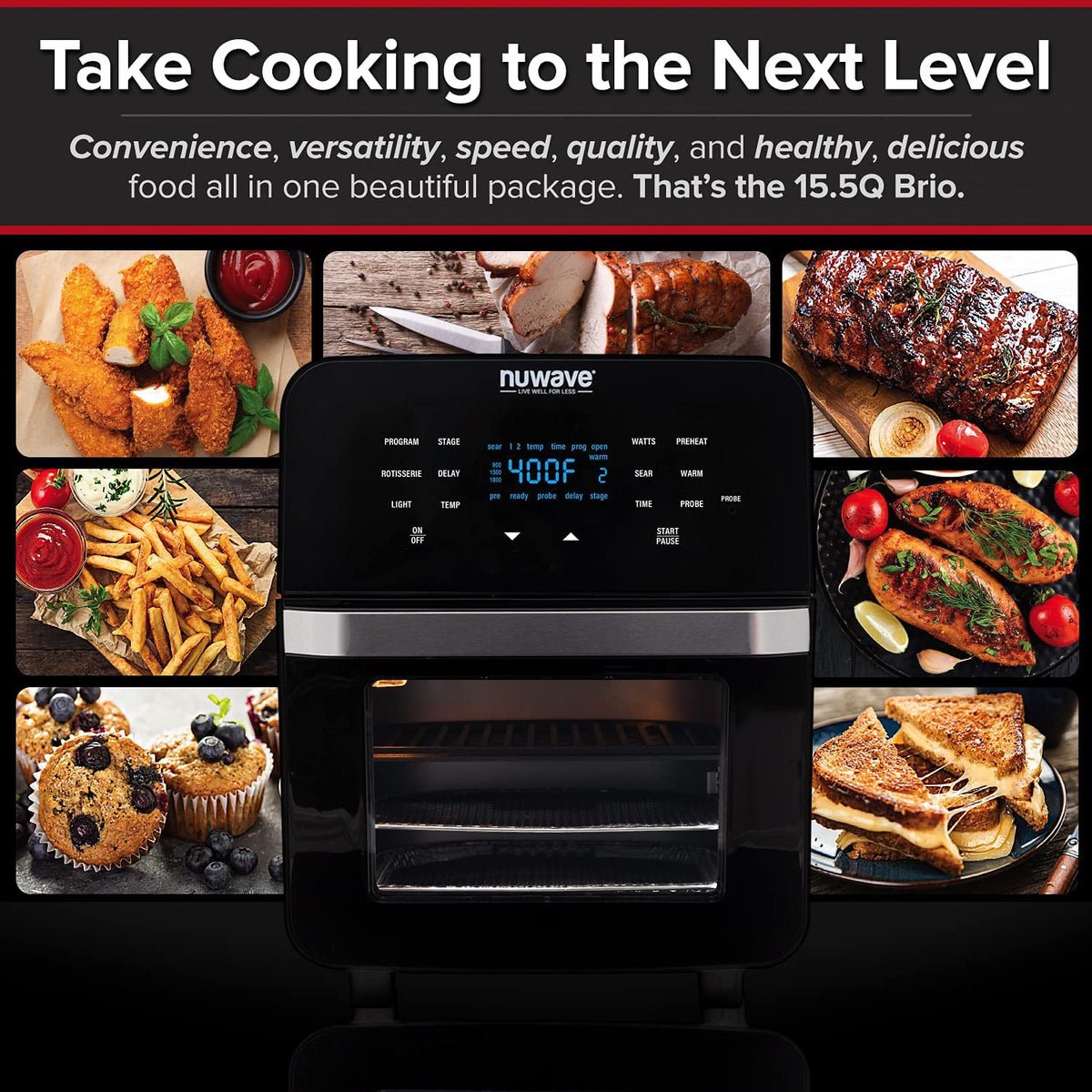 NUWAVE Brio Air Fryer Smart Oven, 15.5-Qt X-Large Family 15.5QT Brio, Black